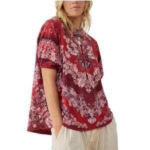 NWOT Free People Luly Top Blouse Oversized Boho Small Red Floral Paisley Knit